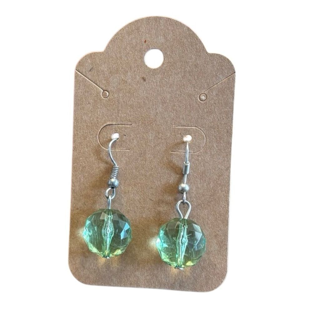 Vintage Green Faceted Bead Dangle Earrings Silver Tone Fish Hook 1.5” Drop